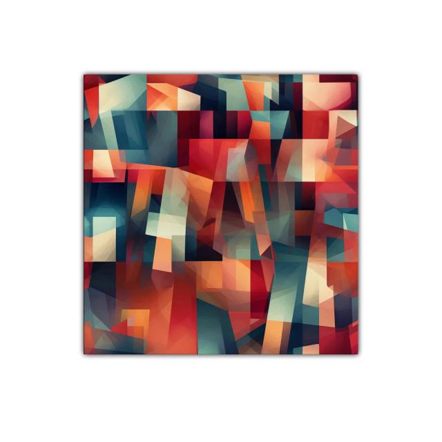Cuadro abstracto con formas geométricas en tonos cálidos y fríos