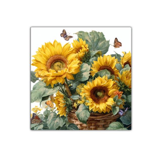 Cuadro con vibrantes girasoles y mariposas en tonos cálidos