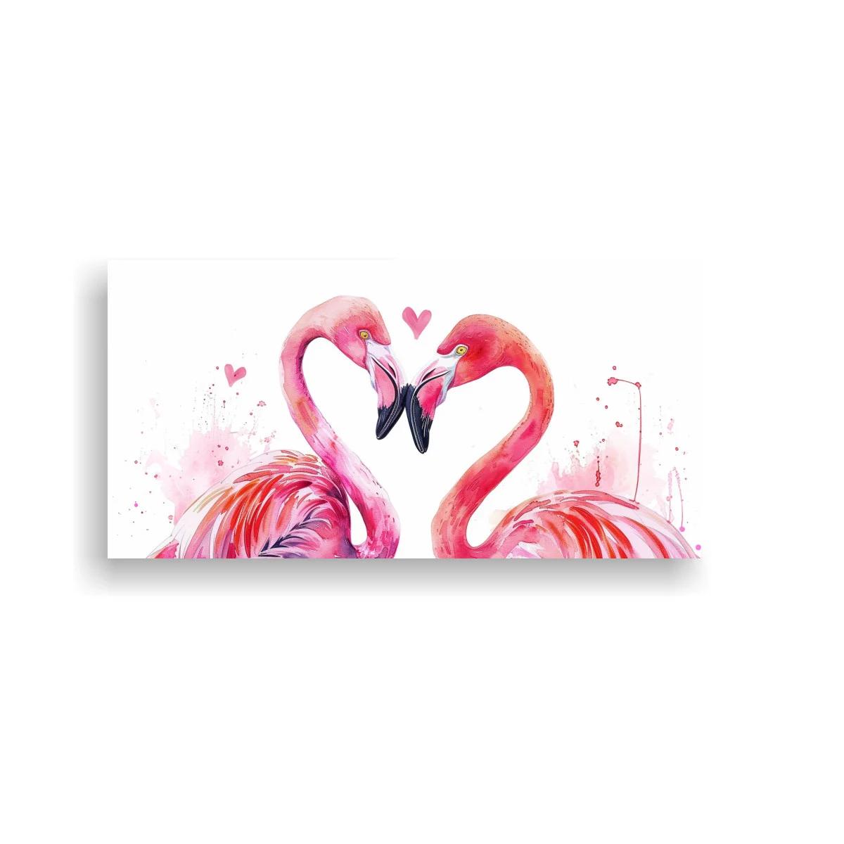 Cuadro dos flamencos rosados con cuellos en forma de corazón