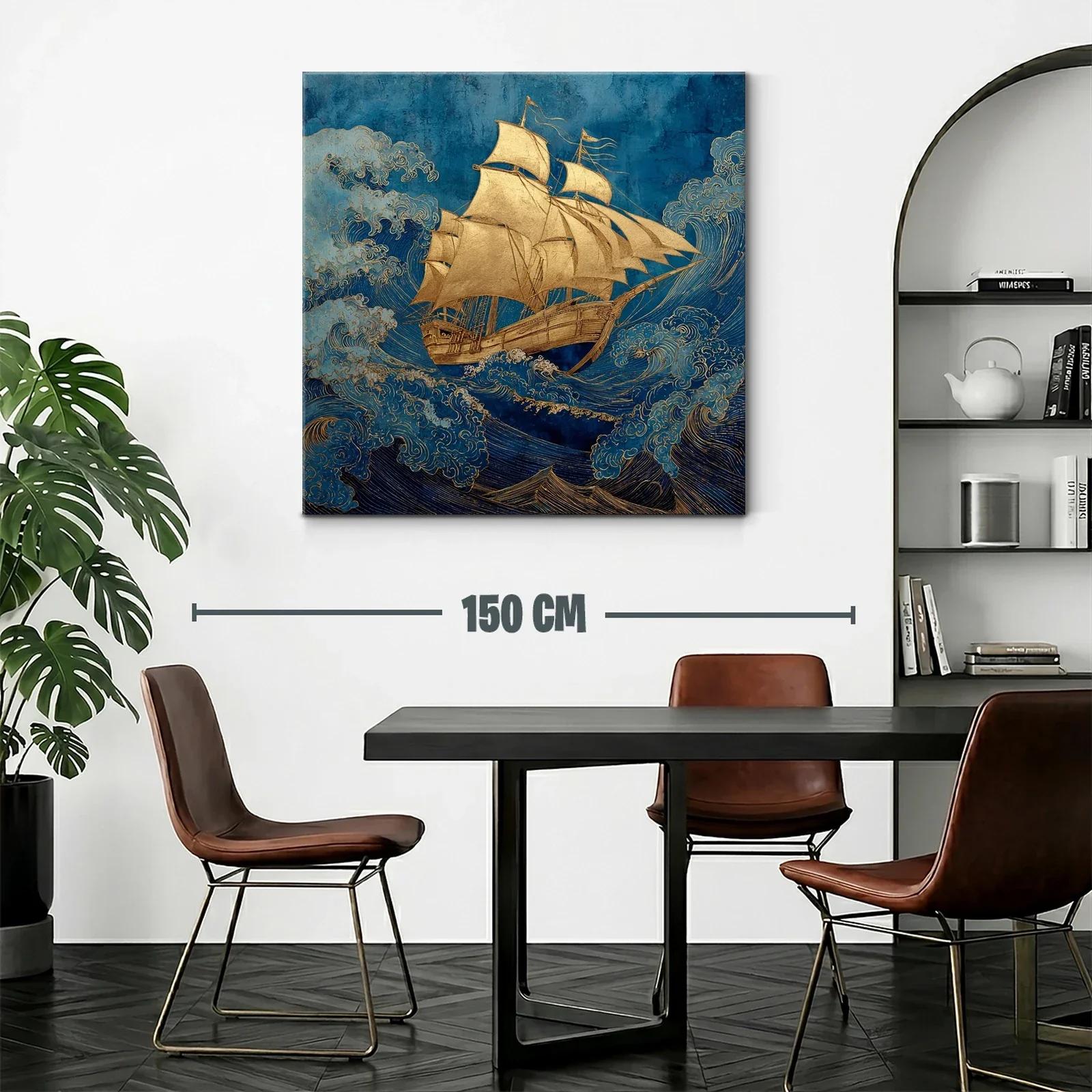 Barco dorado navegando entre olas en tonos azules — miniatura 2
