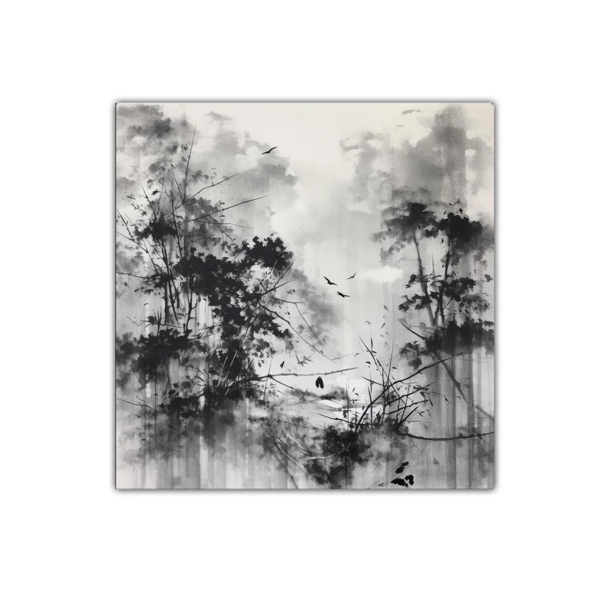 Bosque brumoso con aves en tonos grises y negros