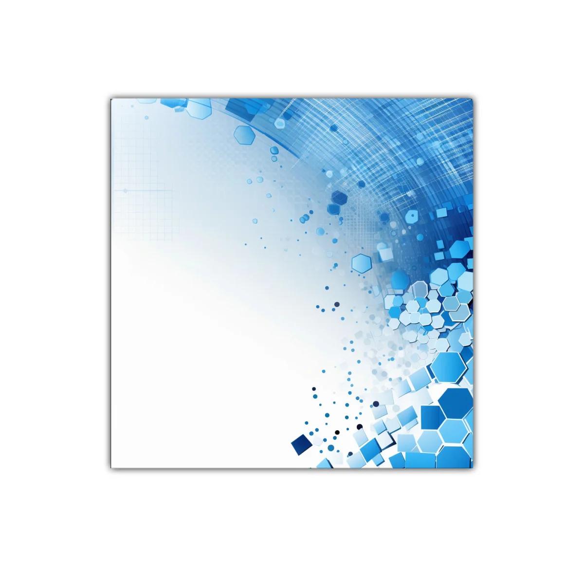 Composición dinámica de hexágonos azules en fondo blanco