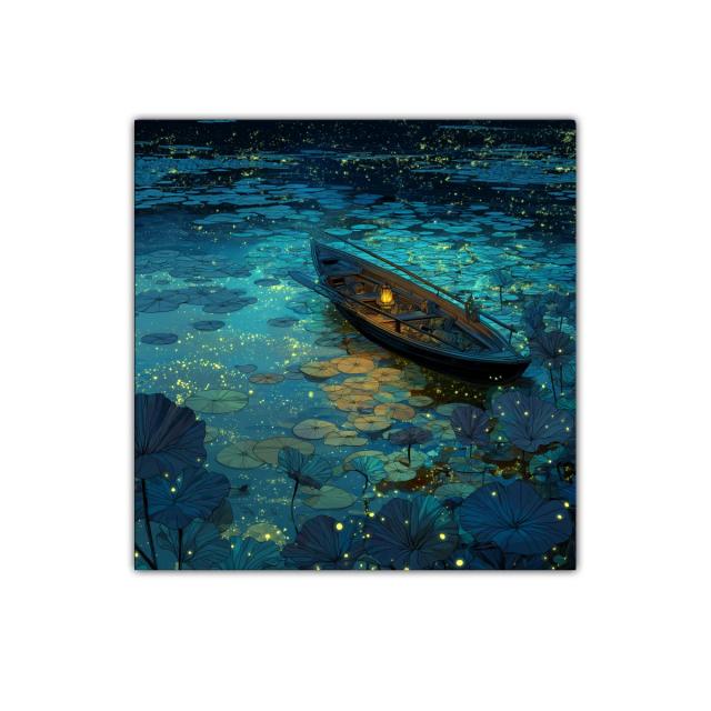 Noche mágica sobre el estanque con barca iluminada