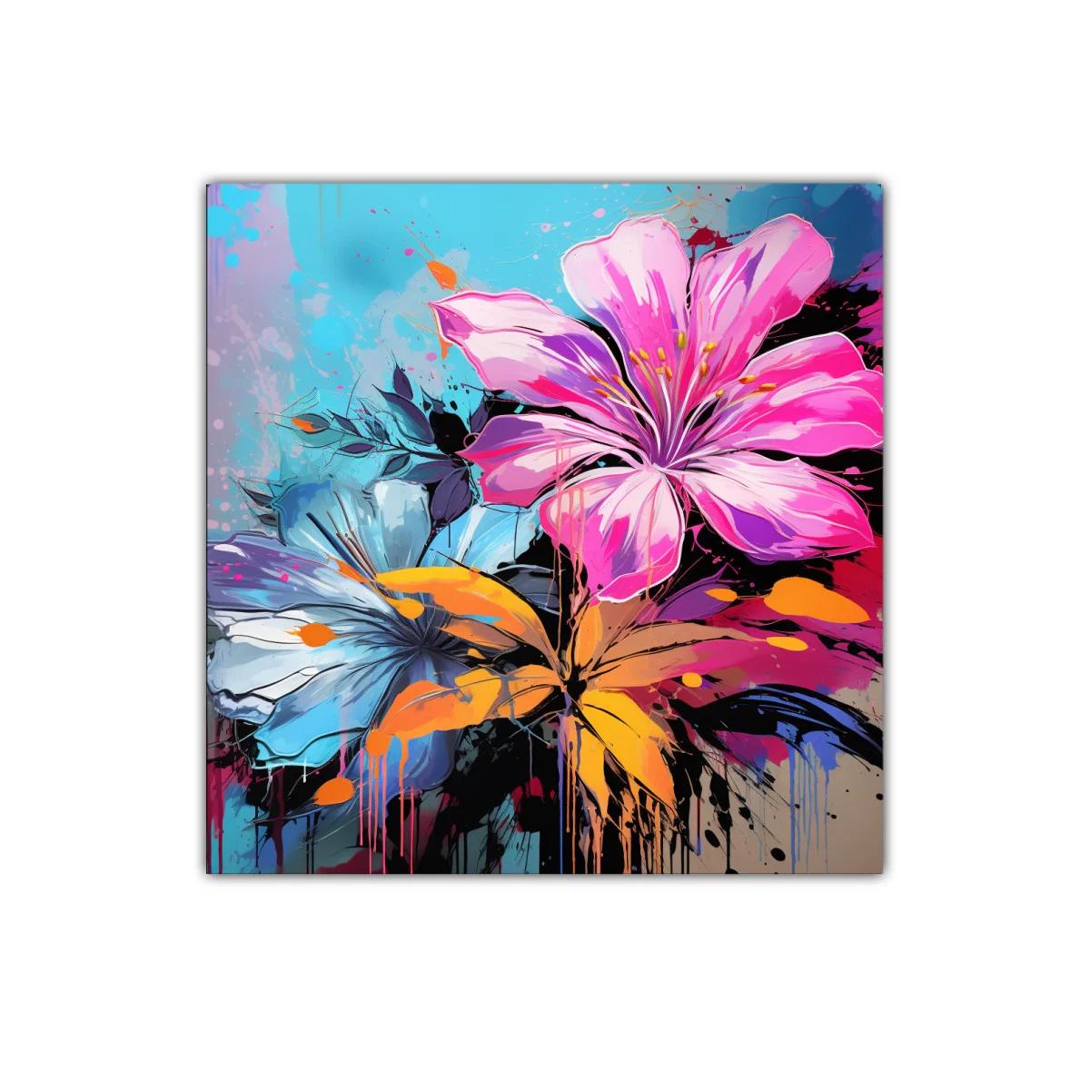 Cuadro vibrante con flores en tonos rosa y azul