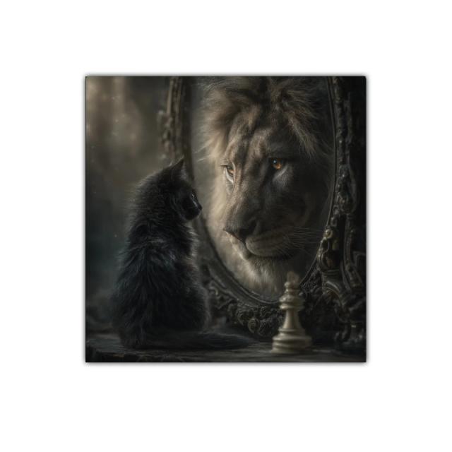 Gato negro mirando león en espejo con ajedrez artístico