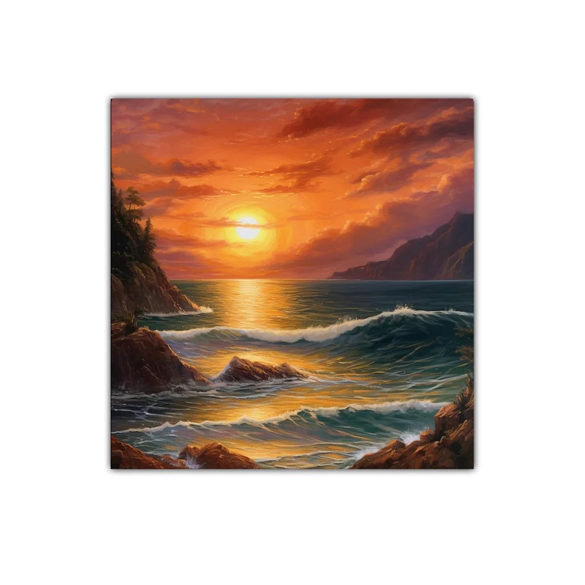 Atardecer dorado en costa con olas y rocas — miniatura 1