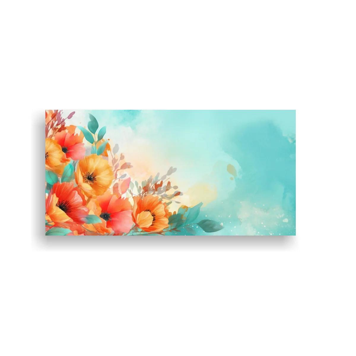 Cuadro ramo de flores anaranjadas con fondo aguado celeste