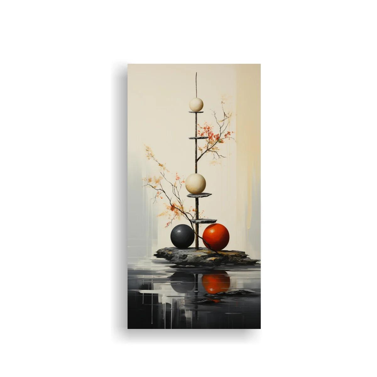 Cuadro escultura de equilibrio con esferas y ramas naranjas