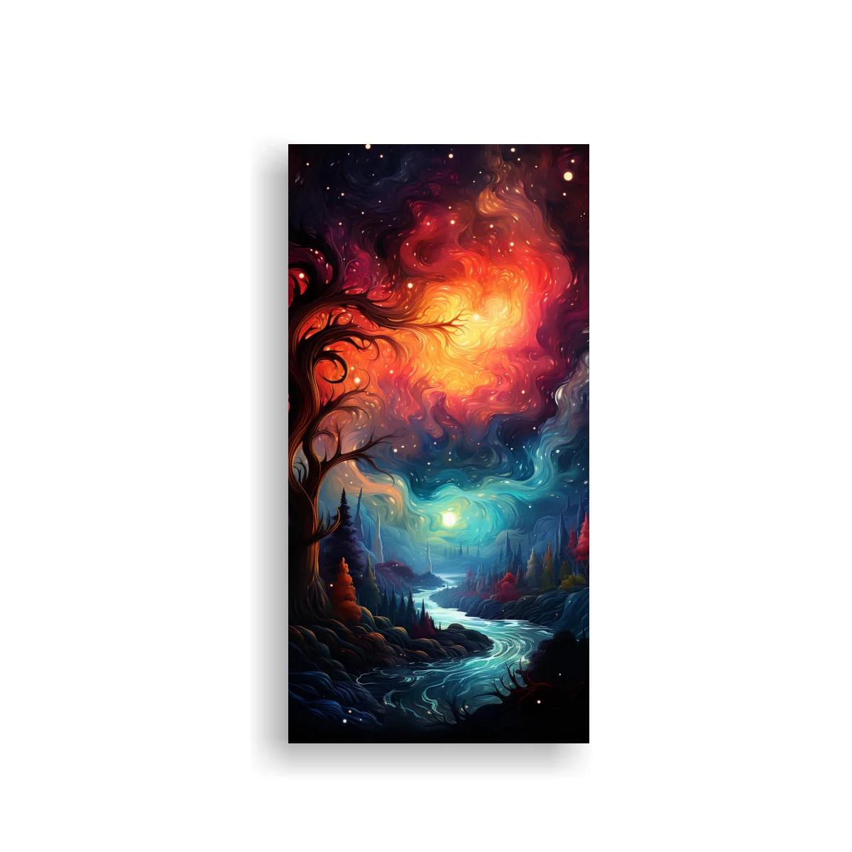 Cuadro paisaje fantástico con árbol retorcido y río luminoso — imagen principal