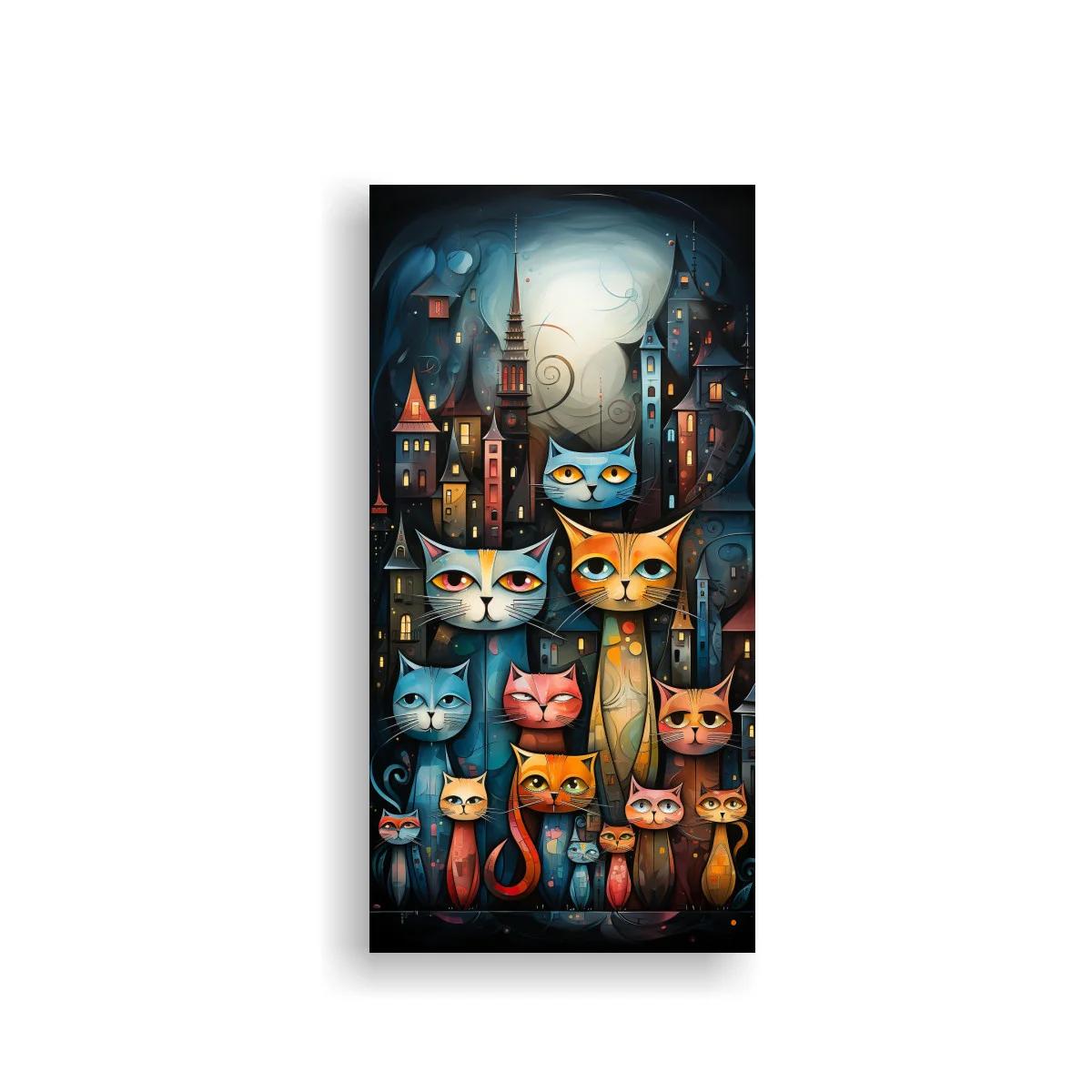 Cuadro grupo de gatos de ojos grandes con luna brillante