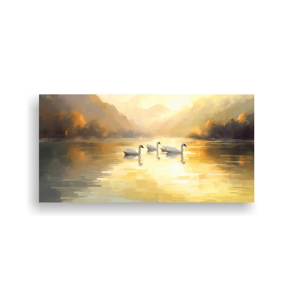 Cuadro cisnes blancos en lago con reflejos dorados