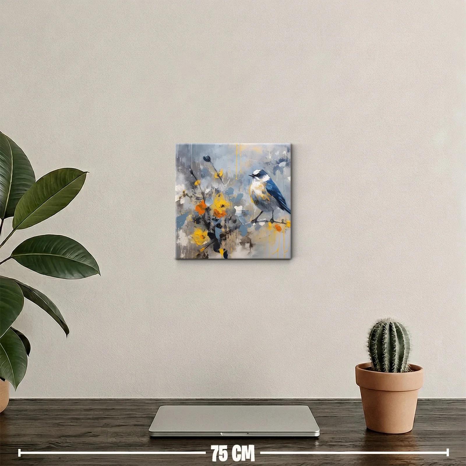 Cuadro decorativo con ave y flores vibrantes en tonos azules y amarillos — miniatura 2