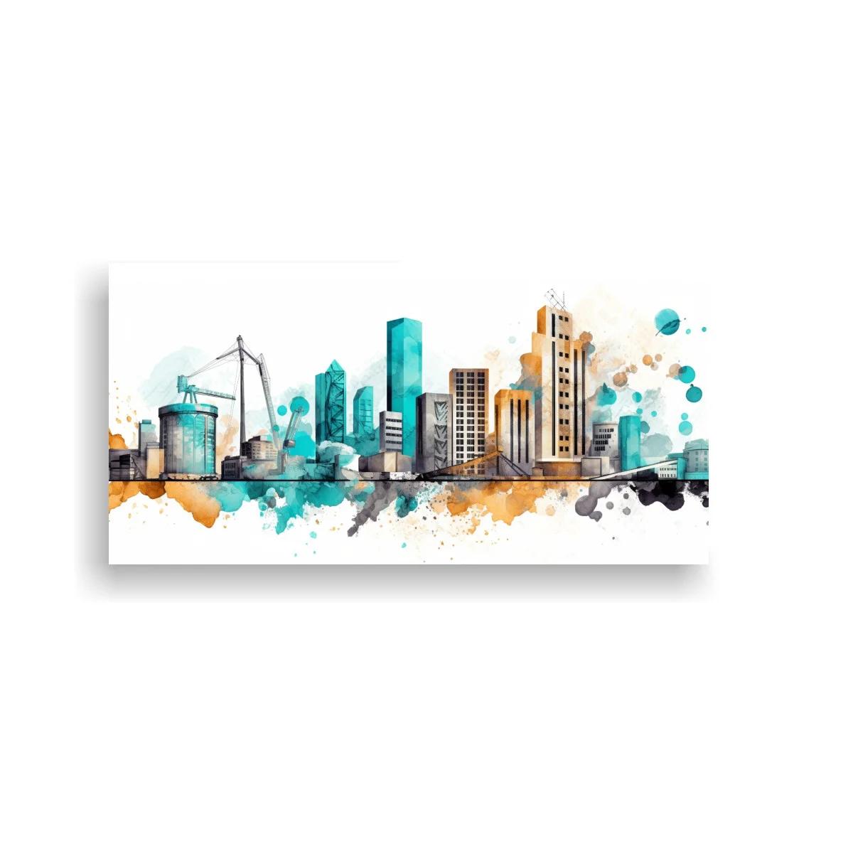 Cuadro skyline urbano con grúas en acuarela