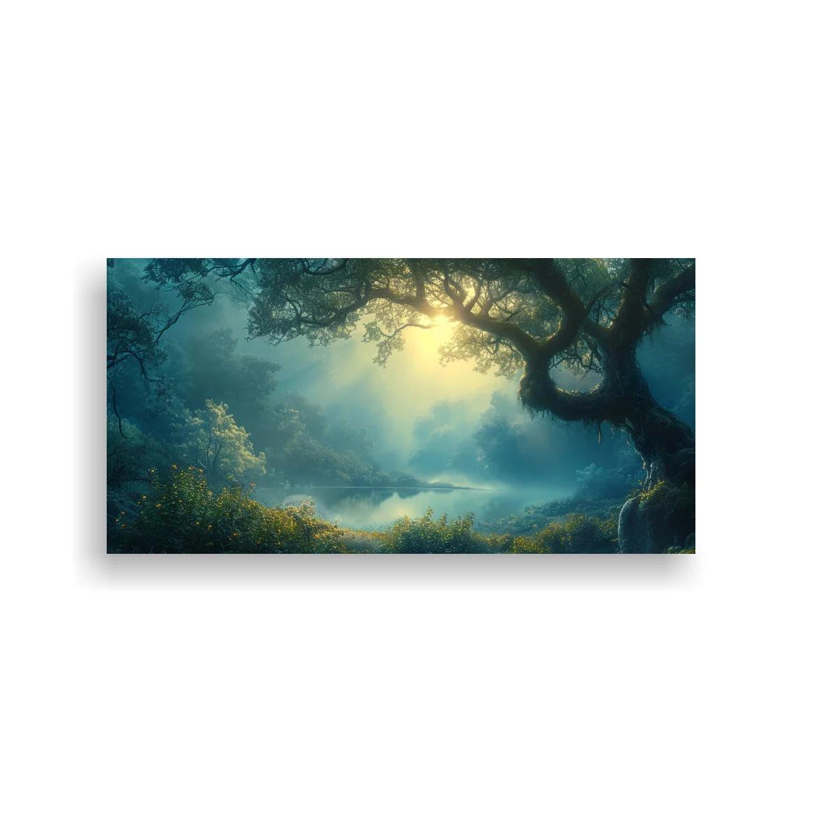 Cuadro bosque con árboles retorcidos y luz entre la niebla