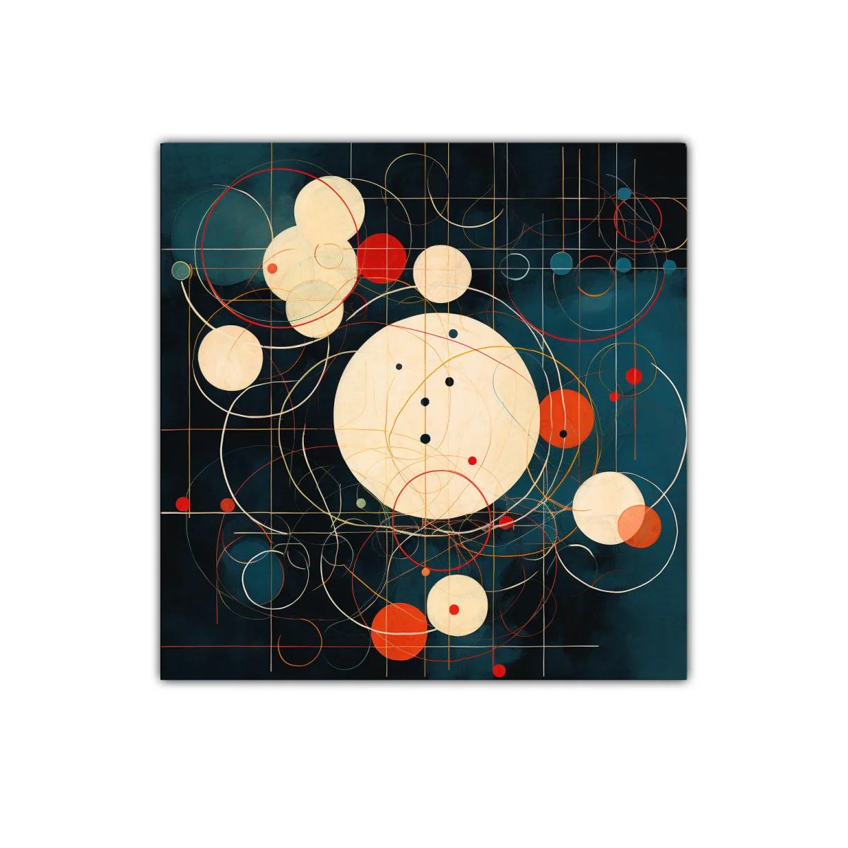 Cuadro abstracto con esferas y líneas entrelazadas en tonos intensos — imagen principal