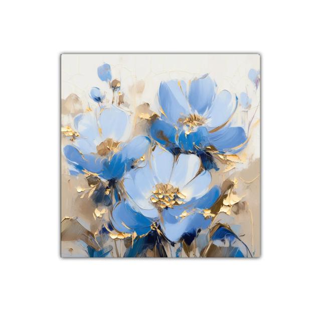 Cuadro decorativo con flores en tonos azules y dorados