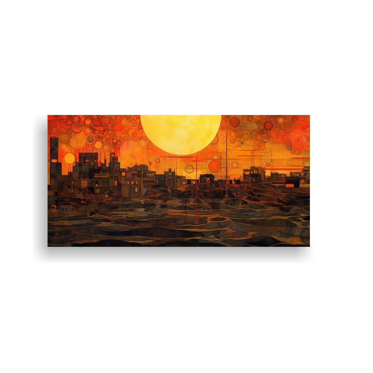 Cuadro skyline urbano al atardecer con gran sol dorado — imagen principal