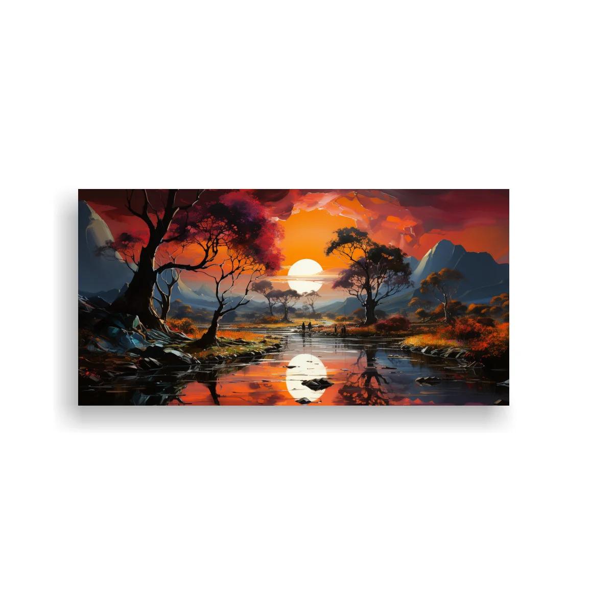 Cuadro paisaje de lago al atardecer con reflejo vertical