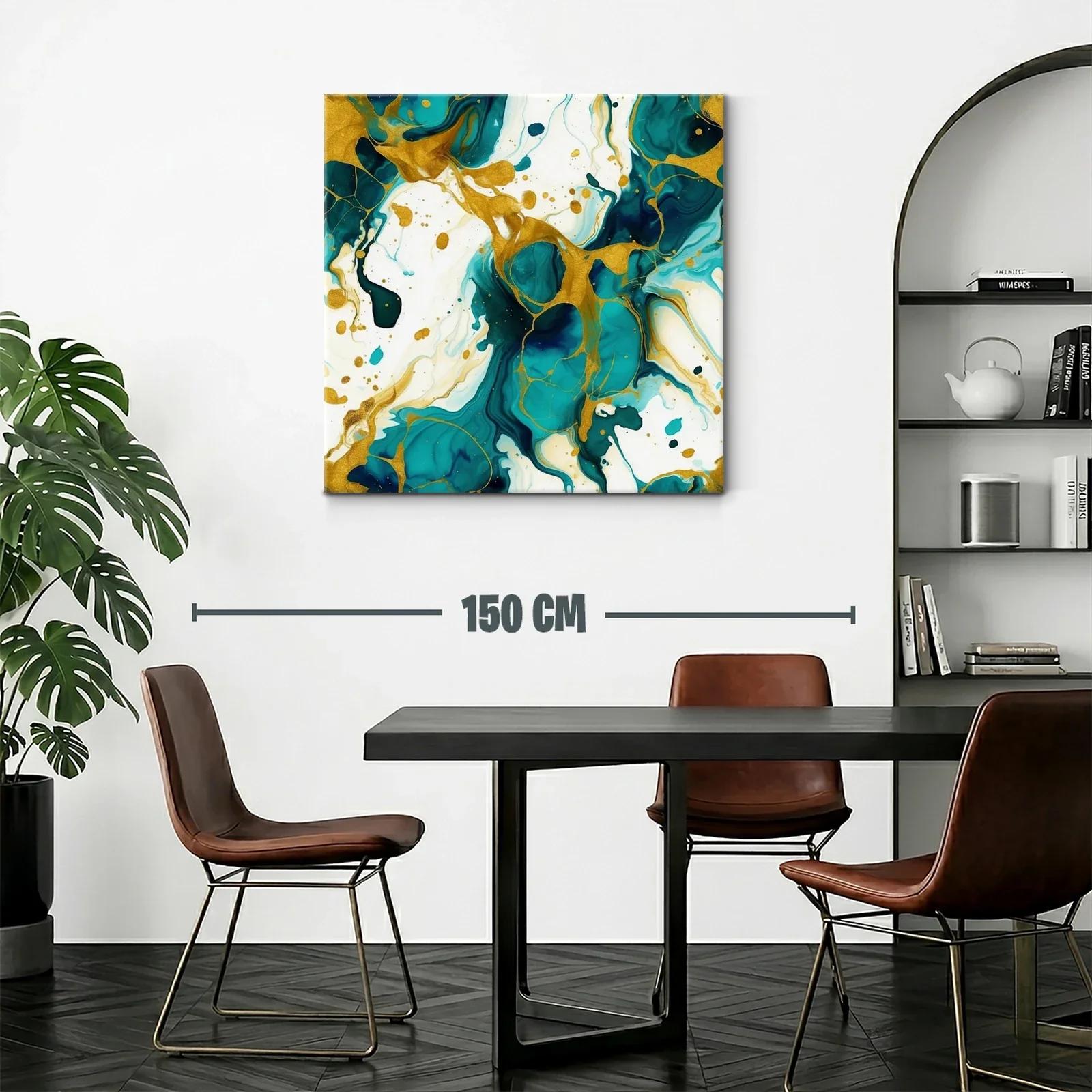 Cuadro abstracto con tonos turquesa y dorados vibrantes — miniatura 2