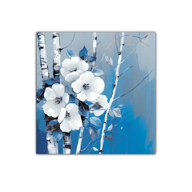 Cuadro decorativo con flores blancas y troncos de abedul