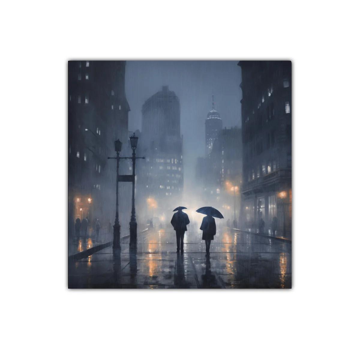 Escena urbana nocturna bajo la lluvia con dos figuras — miniatura 1