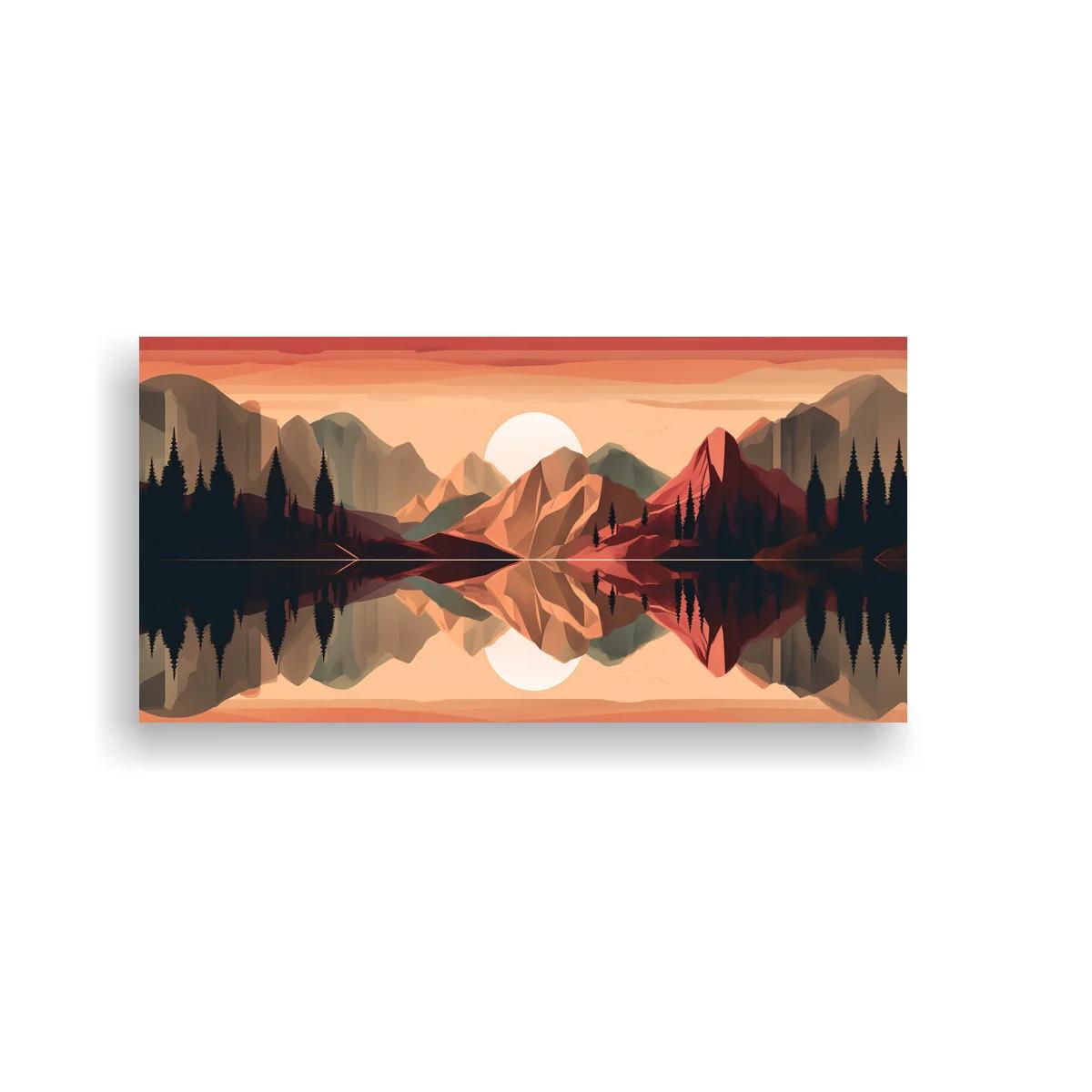 Cuadro paisaje de montaña con lago y reflejo simétrico