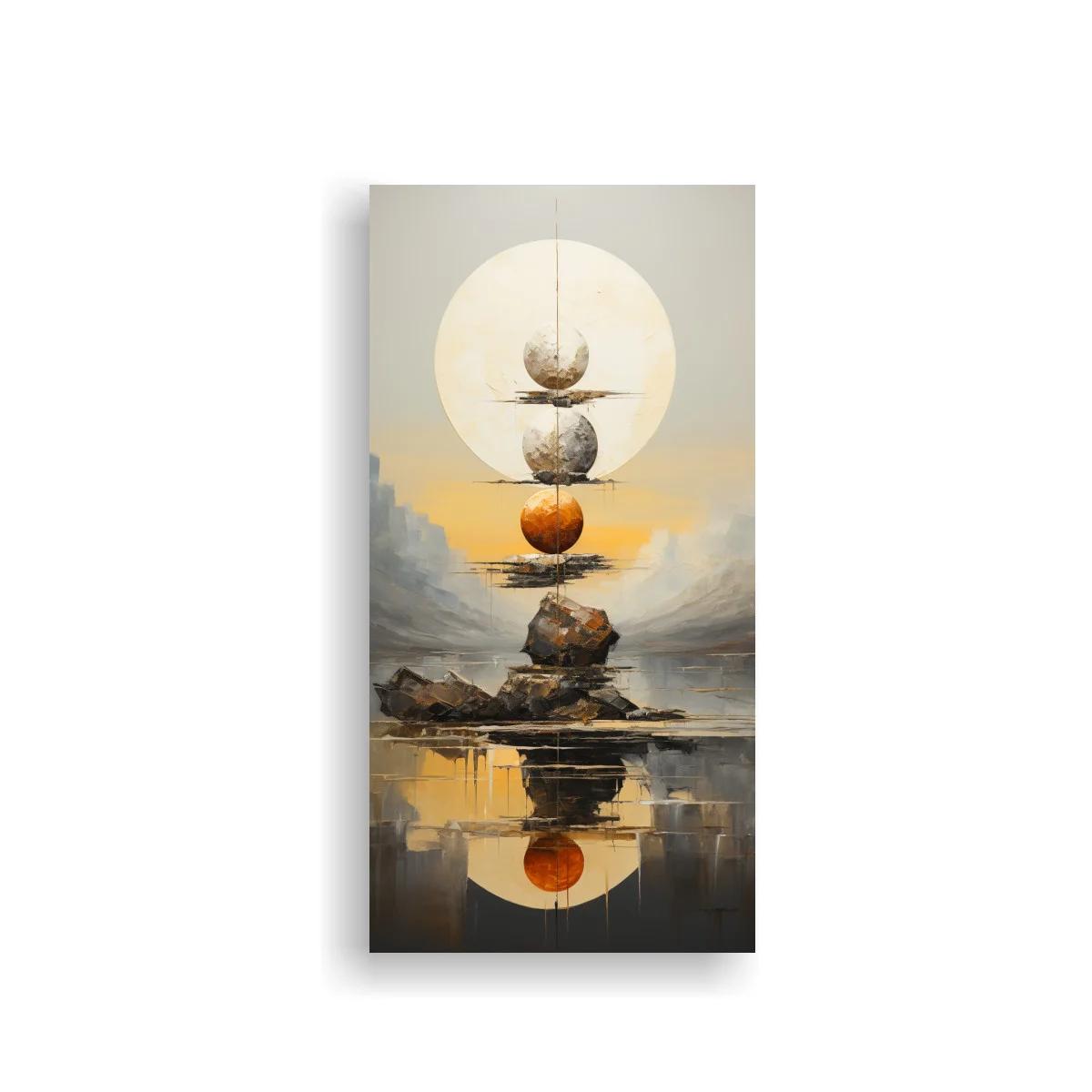 Cuadro piedras apiladas en equilibrio con sol circular y reflejo