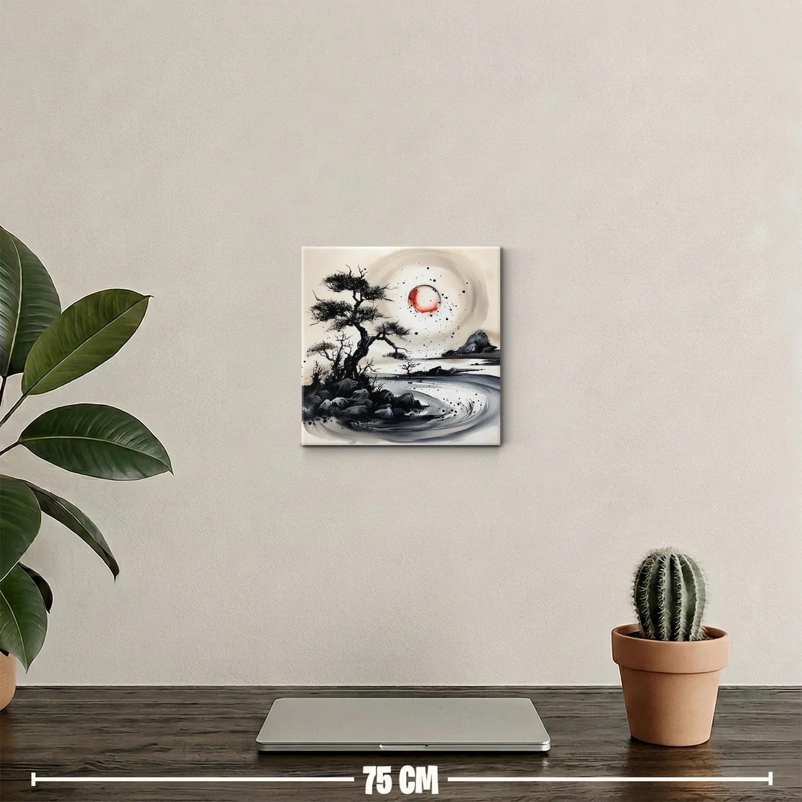 Paisaje onírico con árboles y luna roja en tinta china — miniatura 2