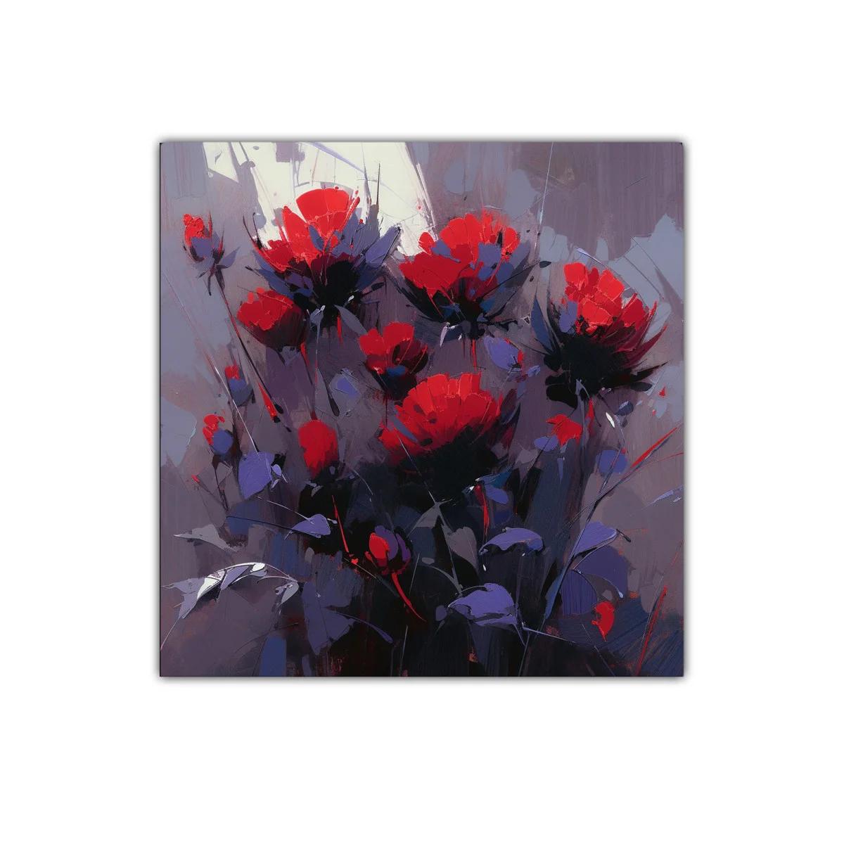 Cuadro moderno con flores rojas vibrantes y fondo gris