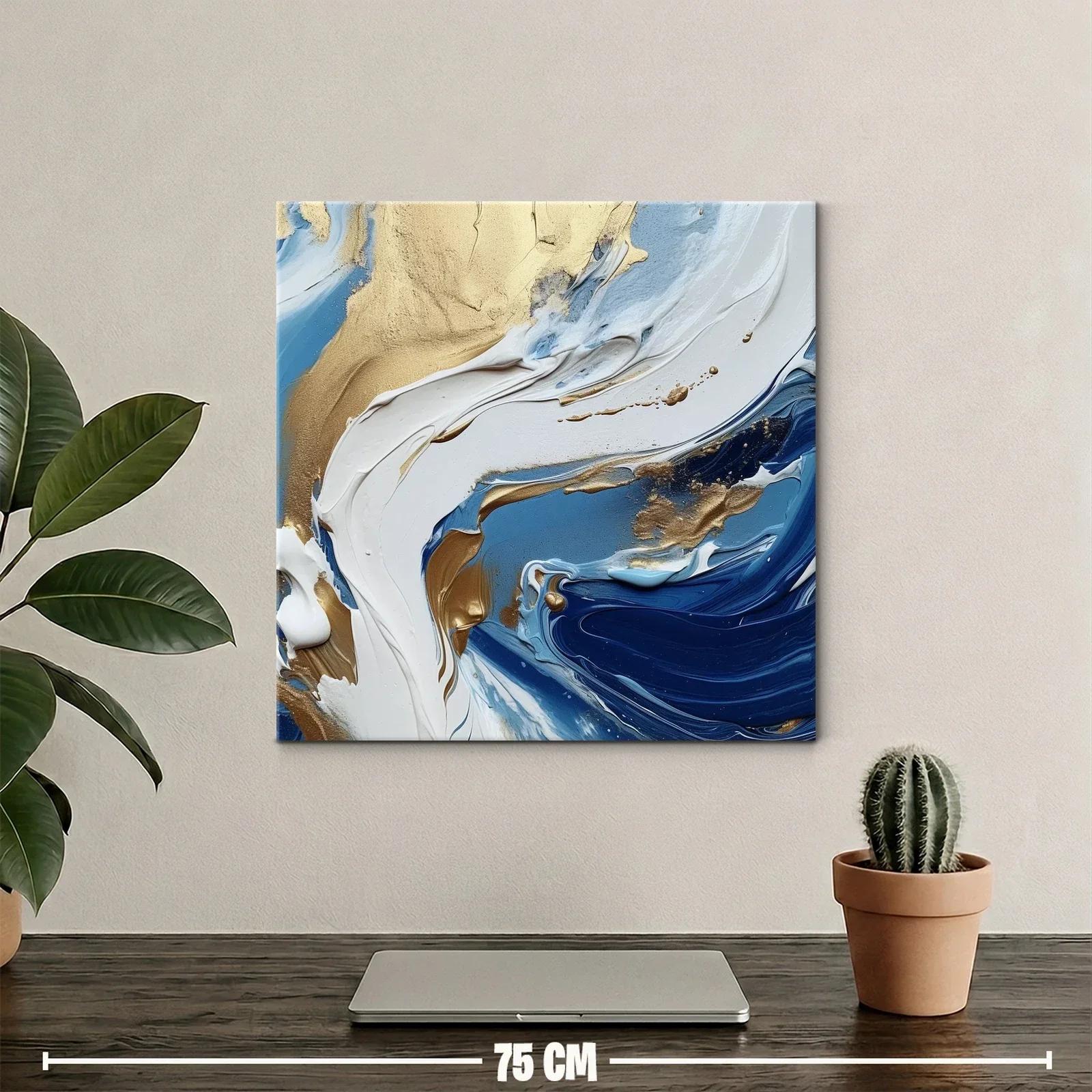 Cuadro abstracto con tonos dorados y azules en movimiento — miniatura 2