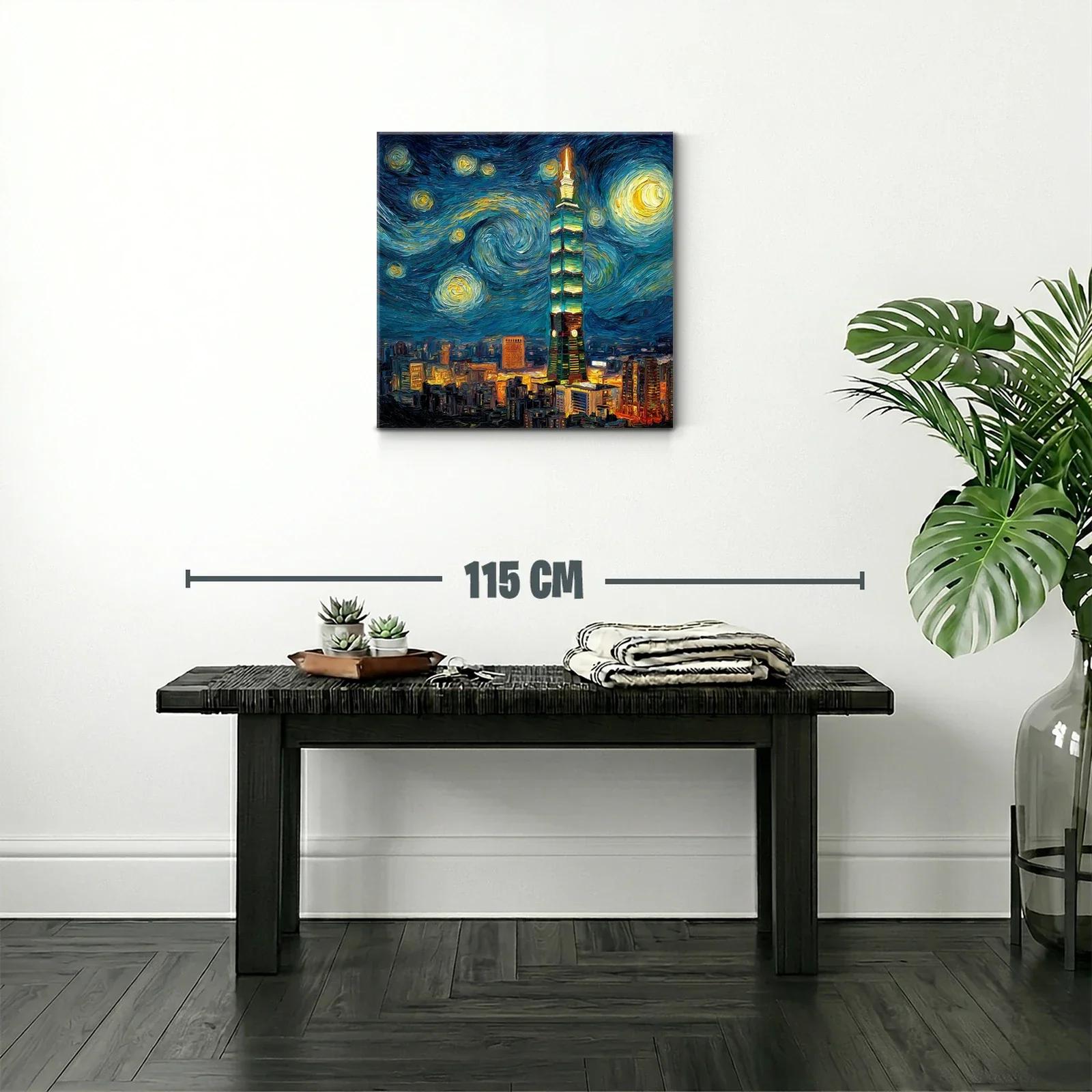 Ciudad nocturna vibrante con torre iluminada al estilo Van Gogh — miniatura 2