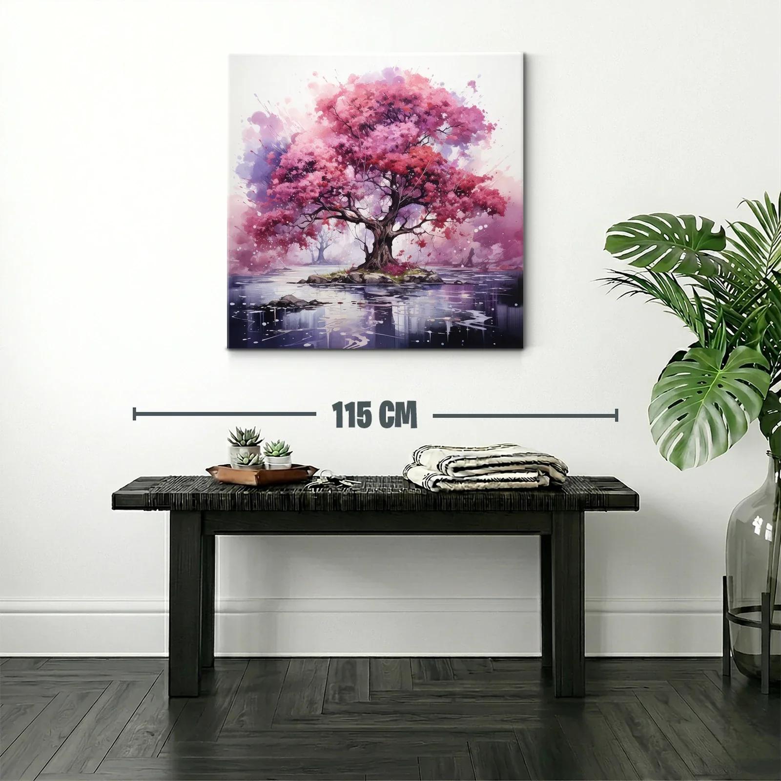 Árbol rosa vibrante sobre isla en lago sereno — miniatura 2