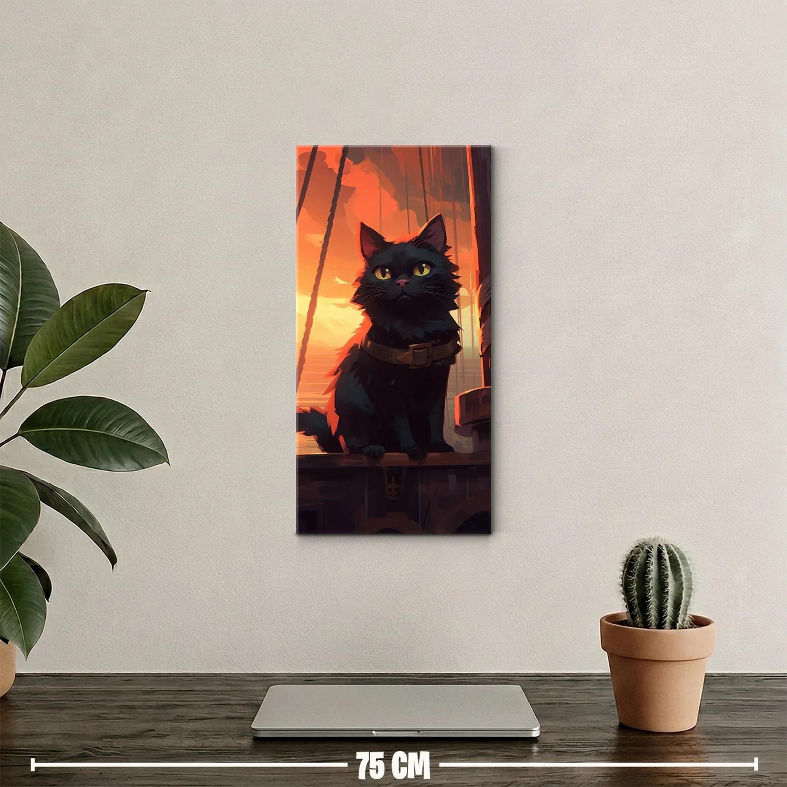 Cuadro gato negro con collar y atardecer náutico — miniatura 2