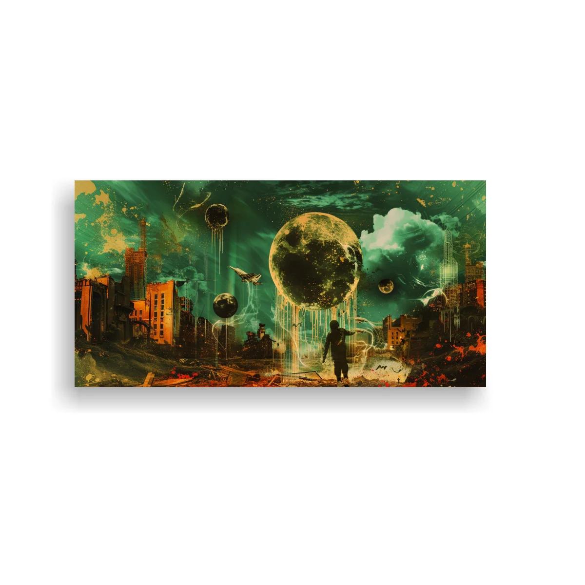 Cuadro planetas sobre una ciudad en ruinas con figura solitaria — imagen principal