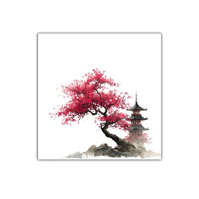 Árbol de Cerezo en Flor con Pagoda Japonesa