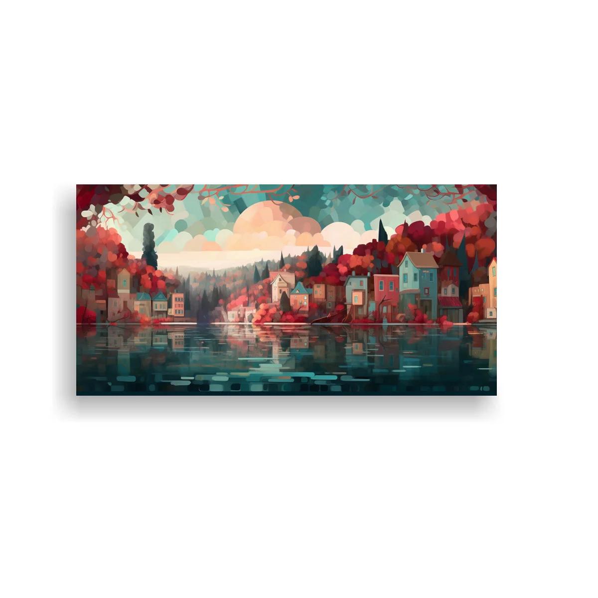 Cuadro pueblo junto a un lago con sol bajo y árboles rojos