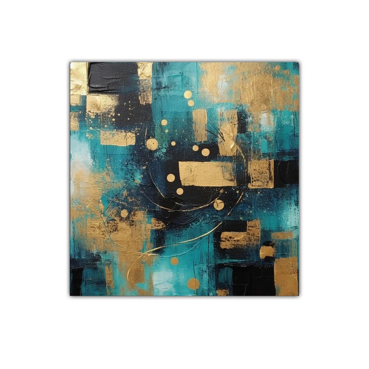 Cuadro abstracto con tonos azul turquesa y dorado