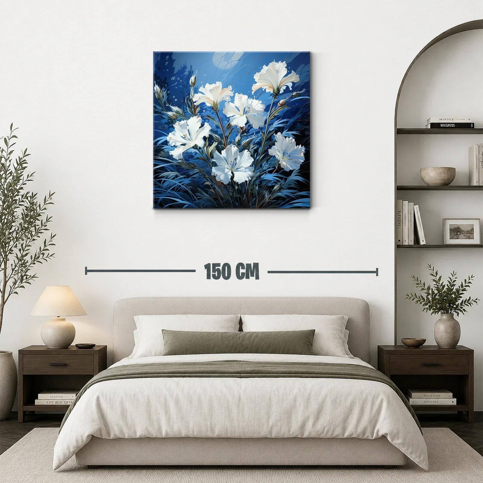 Cuadro con delicadas flores blancas sobre fondo azul — miniatura 3