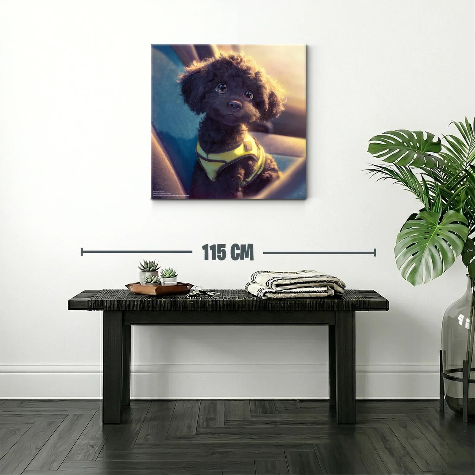 Tierno perro negro con arnés amarillo al atardecer — miniatura 2