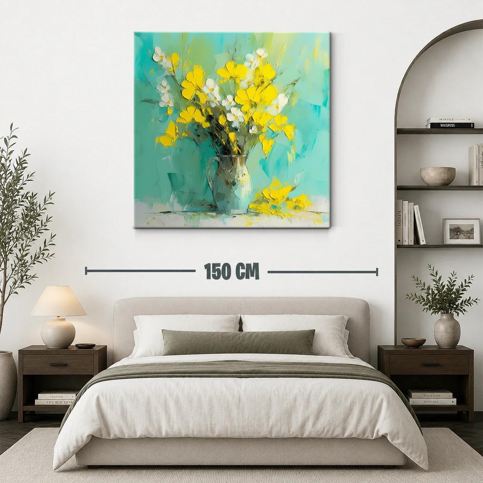 Cuadro flores amarillas sobre fondo turquesa vibrante — miniatura 3