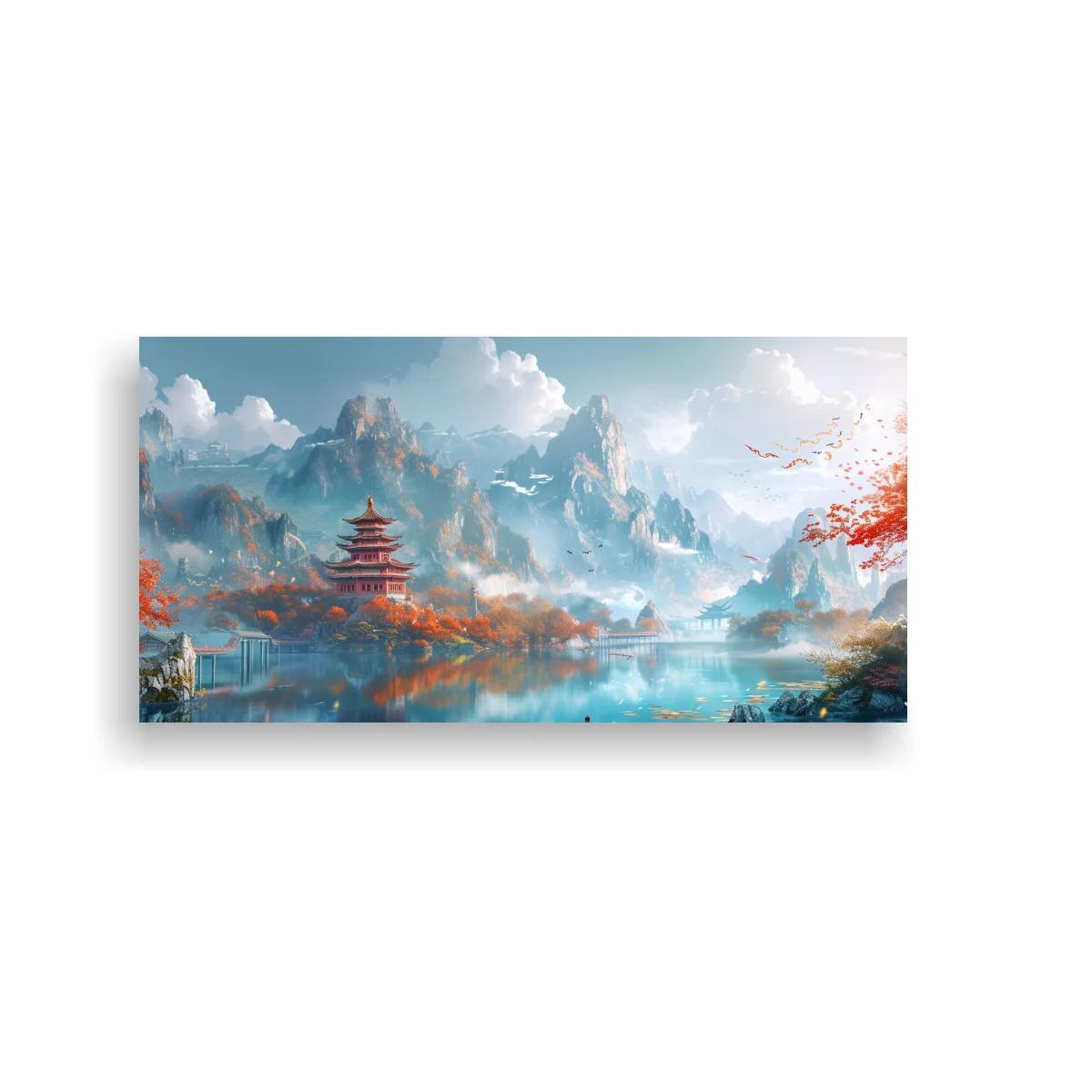 Cuadro paisaje de montañas con pagoda china y niebla