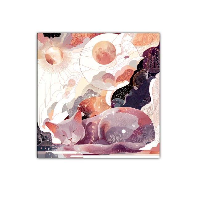 Sueño cósmico de un gato sereno en tonos cálidos