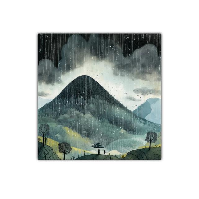 Paisaje de montaña bajo lluvia con siluetas y paraguas