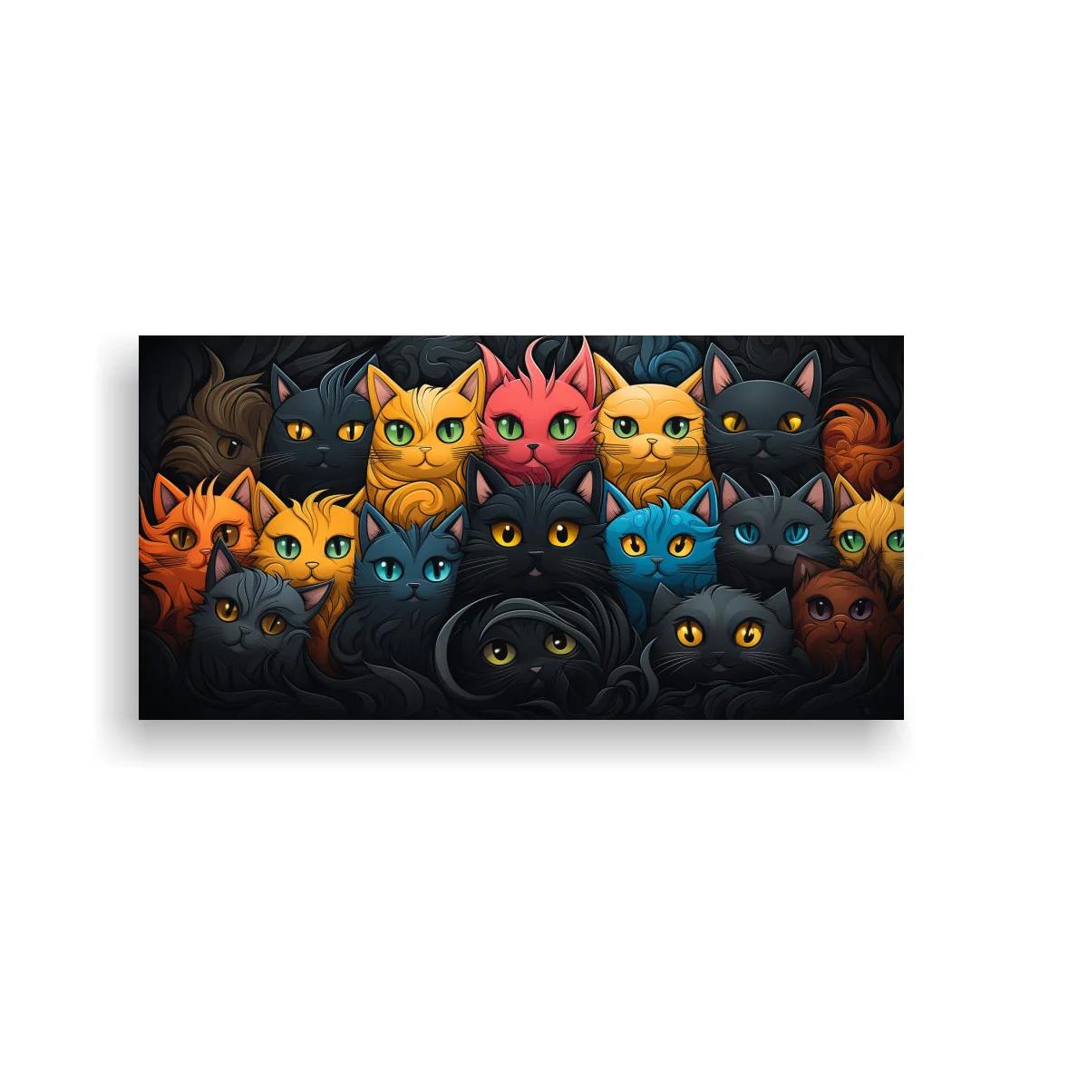 Cuadro grupo de gatos de ojos grandes en tonos negro y rojizo