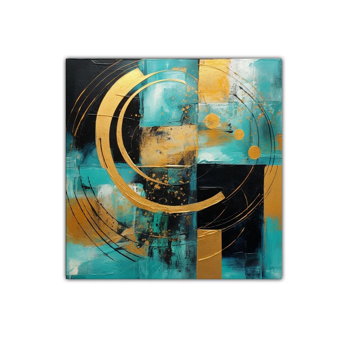 Cuadro abstracto con círculos dorados sobre fondo turquesa y negro