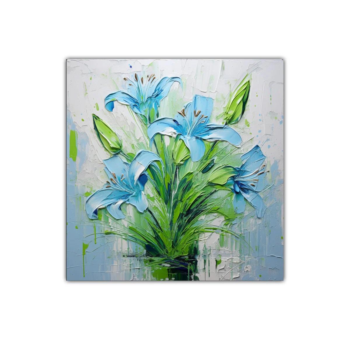Cuadro floral intenso con lirios azules y verdes vibrantes — imagen principal