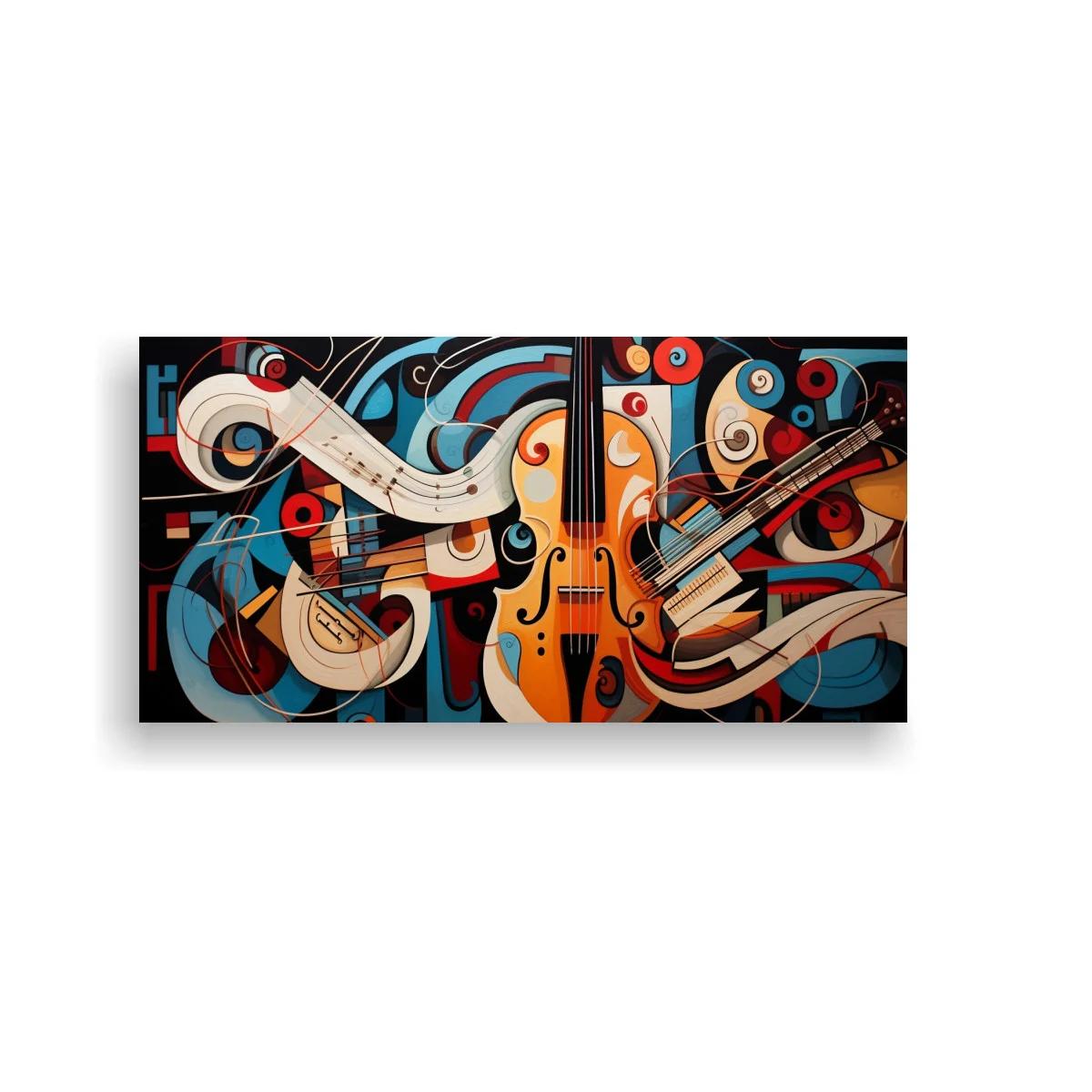 Cuadro violín anaranjado con formas geométricas y detalles turquesa — imagen principal