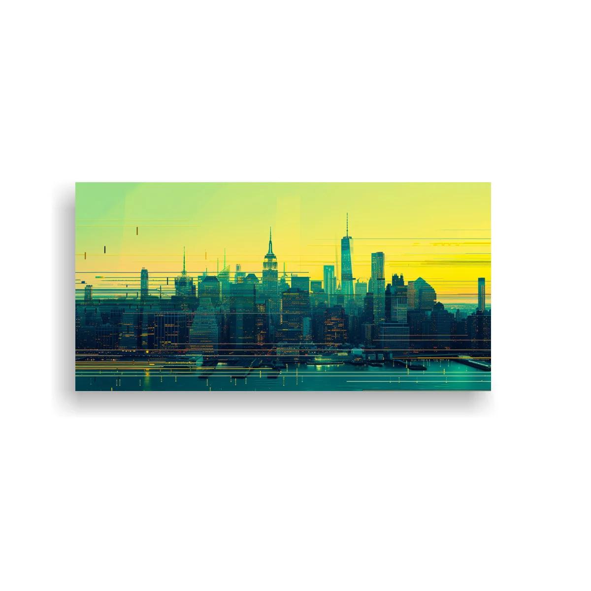 Cuadro skyline urbano con efecto glitch y líneas horizontales