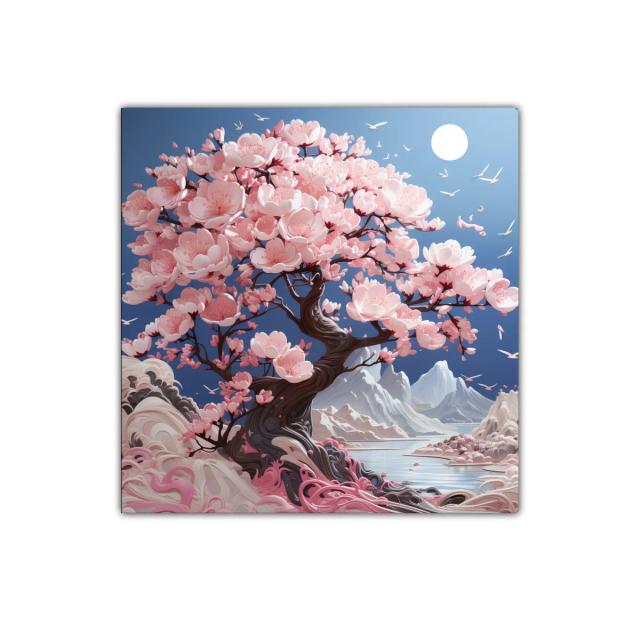 Árbol de flores rosas en paisaje sereno de montaña