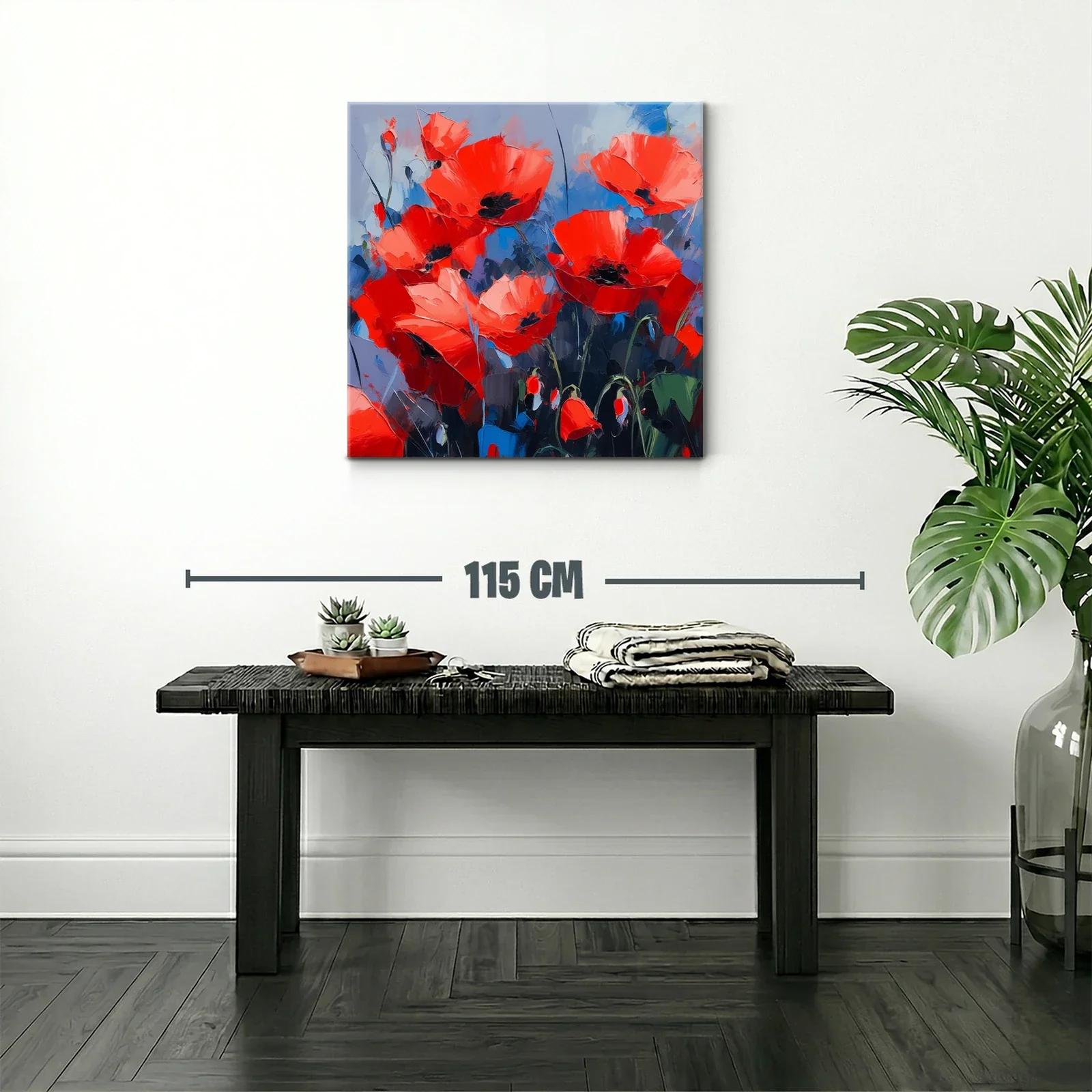 Cuadro vibrante con amapolas rojas sobre fondo azul — miniatura 2